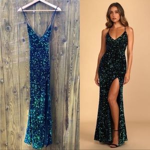 Green/Blue Iridescent Sequin Velvet Backless Long Side Slit Dress 💙💚